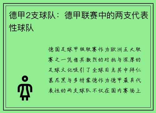 德甲2支球队：德甲联赛中的两支代表性球队